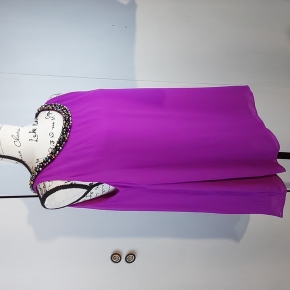 Jennifer Lopez- Bright Purple Flowy Chiffon Blouse W/ Neckline Beads  Sz.XL - Picture 4 of 9